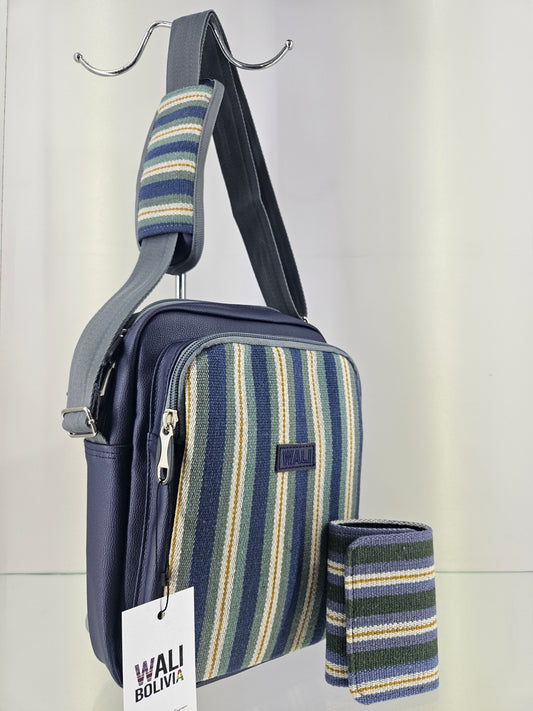 Combo morral con billetera triple (azul esmeralda)